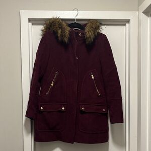 J. Crew Women's Faux-Fur Trim Hooded Pea Coat in Burgundy - Size 6